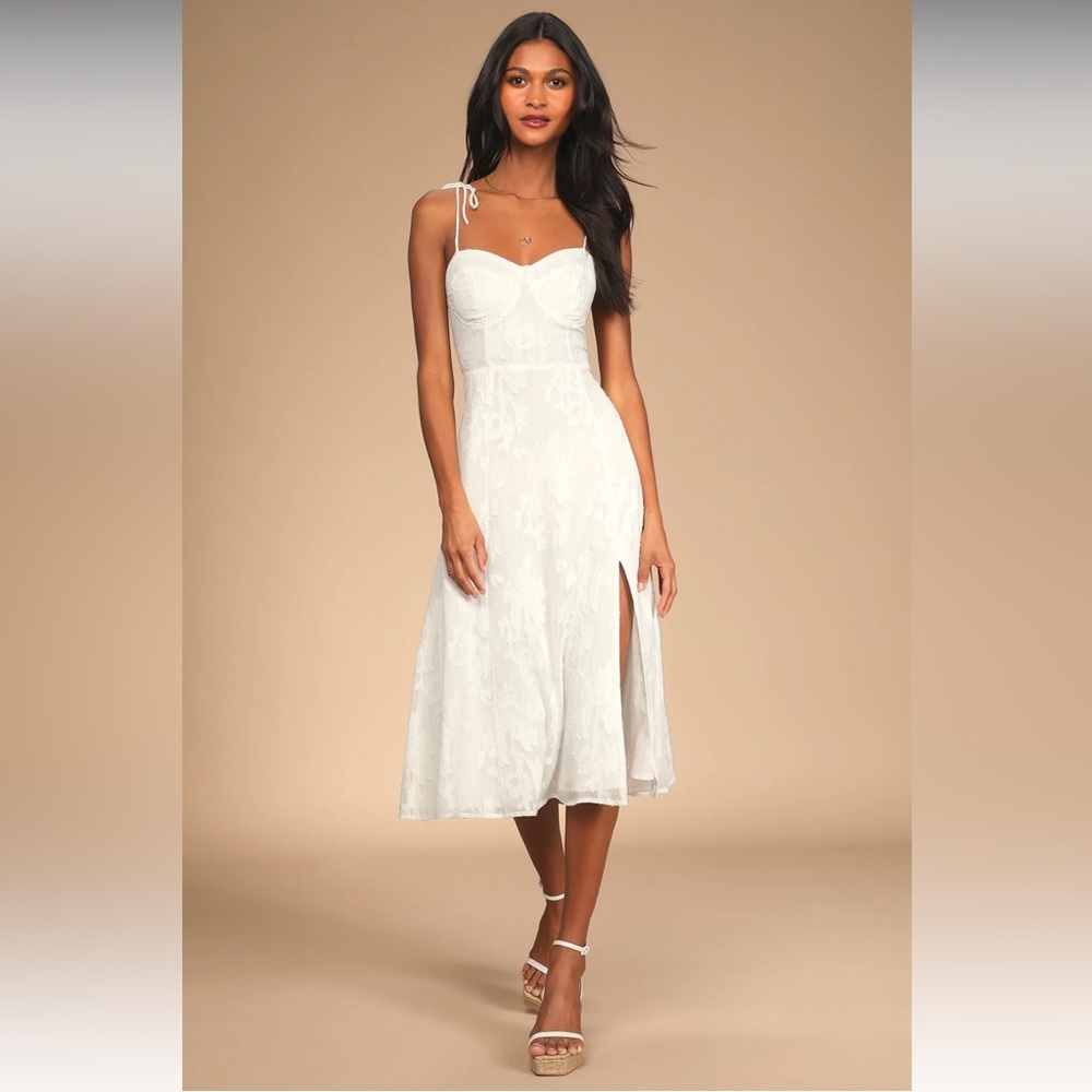 Loveliest Looks White Floral Jacquard Tie-Strap Midi Dress
